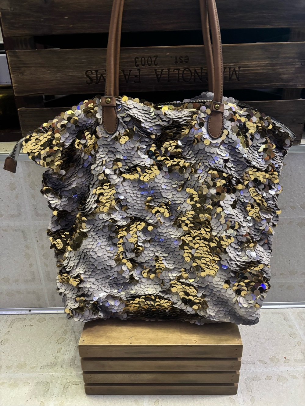 Miss Albright Brown/Gold Silver Sequin Fidget Touch Tote Bag